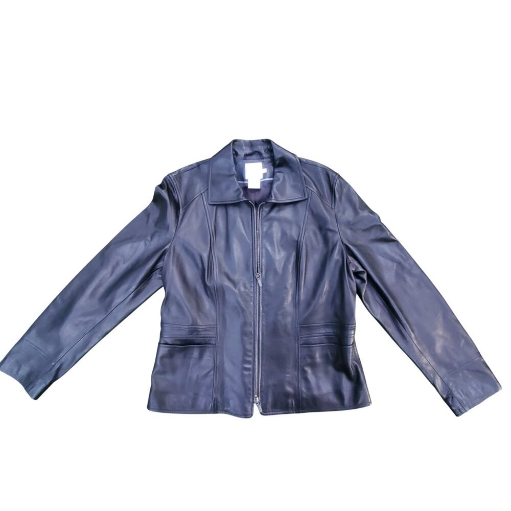 XL Faconnable Womens Black Zip Up Soft Lambskin Leather Jacket French Design